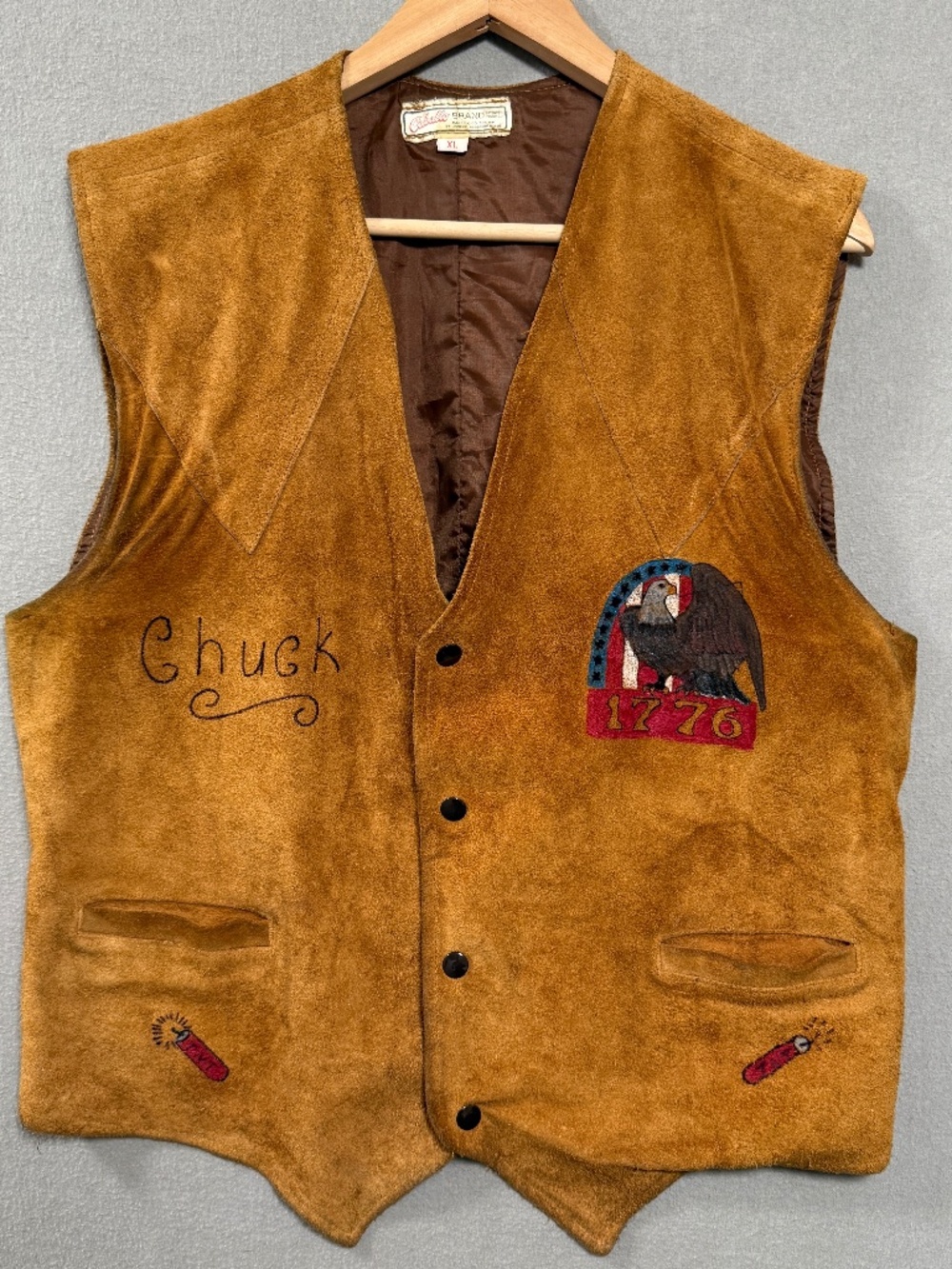 Vintage Caballo Suede Leather Western Vest Hand Painted Patriotic 1776 Chuck